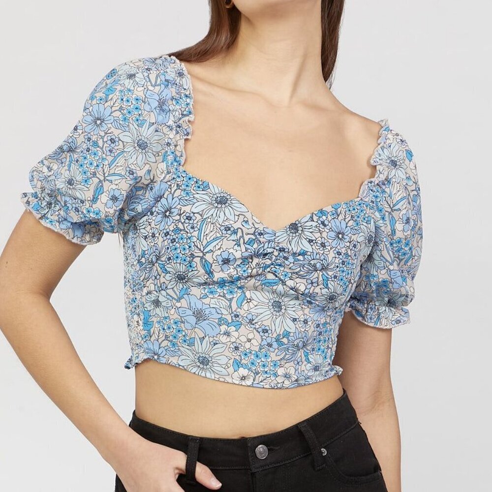 Forever 21 Floral Ruched Puff Sleeve Crop Top Blue – S